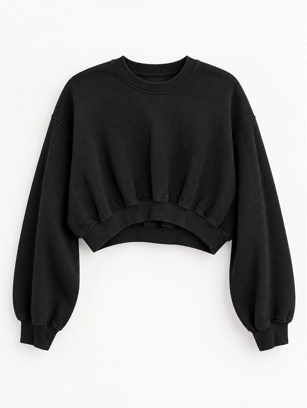 Zara Black Cropped Sweatshirt Puff Sleeve Smocked Waist Women M